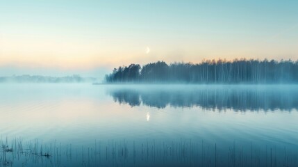 Wall Mural - a tranquil lake shrouded in mist mirrors a crescent moon as twilight descends, creating a peaceful a