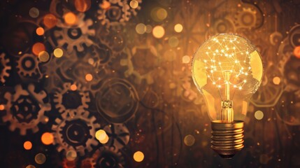 Fototapete - A glowing lightbulb showcases an intricate design, surrounded by a dynamic background of gears and warm lights in a creative setting