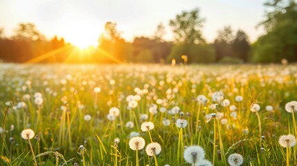 Wall Mural - a peaceful meadow boasts blooming dandelions and towering trees, basked in warm sunlight at golden h