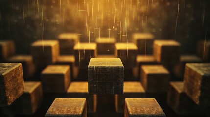 Poster - 3D Visualization of Golden Blocks with Grid Background and Lighting Effects