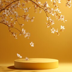 Wall Mural - Golden podium with white cherry blossoms on yellow background. 3d render