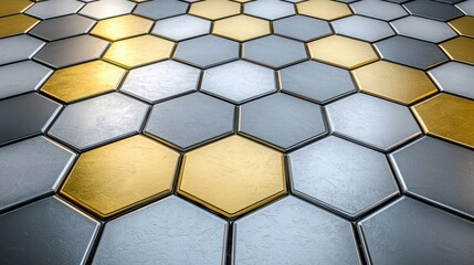 Fototapete - Detailed 3D Metallic Honeycomb Pattern Background with Shiny Hexagonal Tiles of Gold and Silver