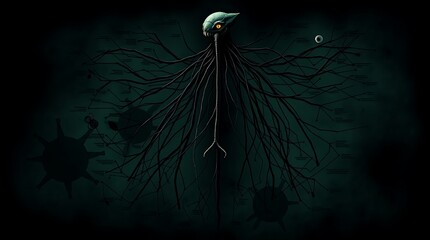 dark, bioluminescent creature with many tentacles, surrounded by viruses.