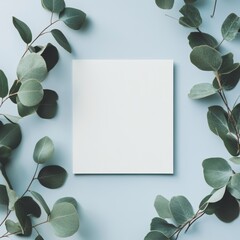 Wall Mural - Creative layout made of eucalyptus branches and leaves on blue background. Flat lay, top view minimal concept.