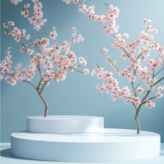 Wall Mural - Cherry blossom and pedestal on blue background. Vector illustration.