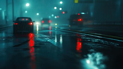 Wall Mural - A rainy highway in dense fog, with blurry reflections of headlights and taillights on the wet pavement.