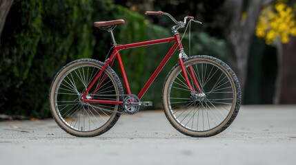 Red bicycle parked driveway, garden background, product shot