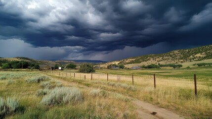 a rural landscape under a dark sky filled with dense, dramatic black clouds before the rain begins.