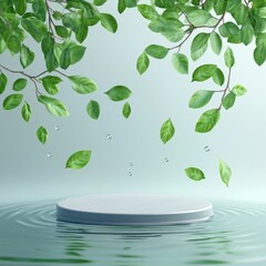 Wall Mural - Abstract scene with round podium and green leaves on water surface, vector illustration