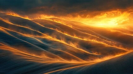 Canvas Print - Golden Sunset Illuminates Windswept Rolling Hills