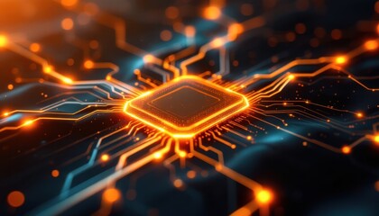 Poster - Futuristic glowing microchip: advanced technology circuit with neon lines