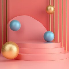 Wall Mural - 3d render of podium for product display with gold and blue balls