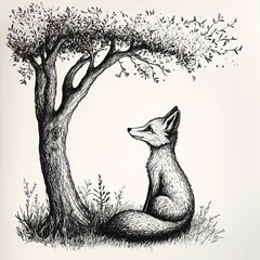 Poster - A Pen Ink Drawing Of A Fox Underneath A Tree