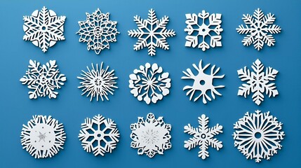Poster - Intricate Snowflake Collection, A beautifully crafted assortment of paper-cut snowflakes, showcasing unique designs and delicate patterns for winter decor.