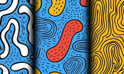 Poster - Seamless Patterns Collection, three intricate designs in harmonious colors, perfect for textiles, wallpapers, and creative projects.