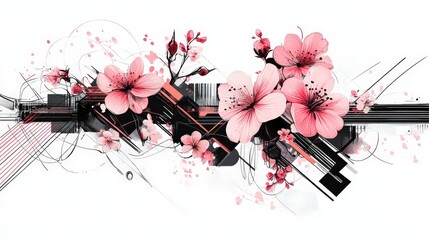 Poster - Creative Floral Design with Pink Blossoms and Abstract Elements