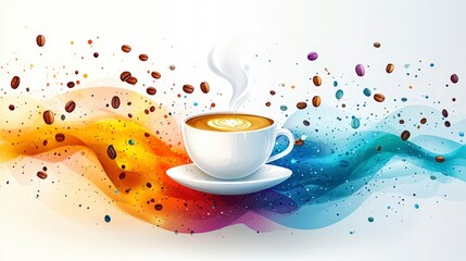 Wall Mural - Vibrant Coffee Cup with Colorful Waves and Coffee Beans Background