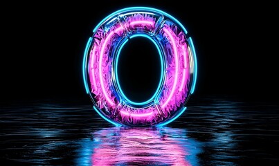 Poster - Neon Tube Art, a vibrant neon tube shaped like the letter O, radiates with bright colors against a dark backdrop, creating a captivating focal point.
