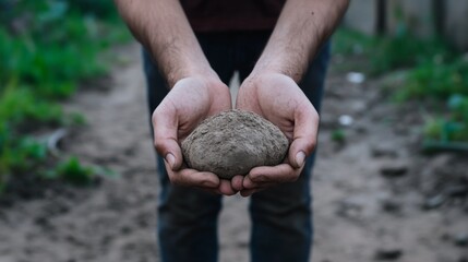 Wall Mural - Man's hands holding fertile soil outdoors.