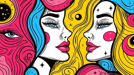 Poster - Modern Abstract Faces, vibrant colors intertwine to depict contemporary female silhouettes, evoking emotion and intrigue in a dynamic composition.