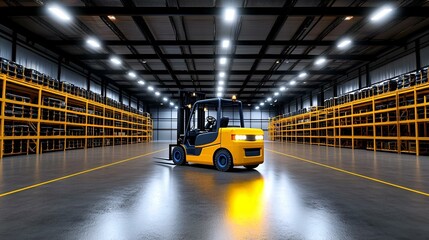 Poster - Expansive Modern Warehouse Scene with Active Forklifts and Industrial Equipment, Showcasing Efficient Logistics Operations and Storage Solutions