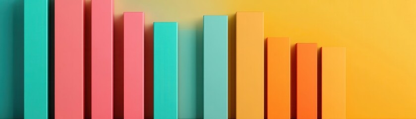 Poster - A vibrant bar graph showcases varying heights in shades of pink, teal, and orange, set against a warm yellow background, representing data visualization.