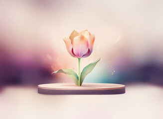 Sticker - a single, luminous tulip in soft pastel hues sits on a circular pedestal against a blurred backgroun