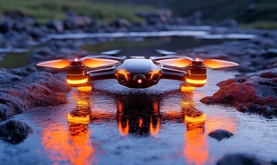 Poster - Sleek chrome drones with reflective surfaces gliding through a futuristic urban landscape, showcasing advanced technology and innovation.