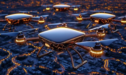 Poster - Futuristic Chrome Drones, sleek reflective surfaces, advanced technology, hovering in a dynamic urban landscape, showcasing innovation and design.