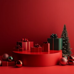 Wall Mural - Red podium with gift boxes and christmas tree, 3d render