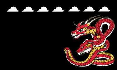 illustration of two dragon heads and beground clouds