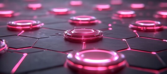 Poster - Glowing Pink Circular Buttons on a Dark Hexagonal Grid Surface