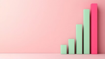 Poster - A minimalist bar graph in pastel colors, featuring increasing heights of green bars and a standout red bar against a soft pink background.