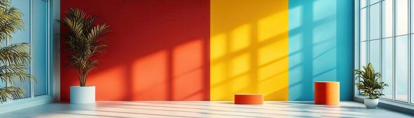 Poster - A vibrant interior space featuring red, yellow, and blue walls, adorned with plants and colorful furnishings, illuminated by natural light.