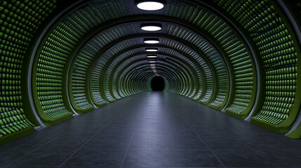 Poster - Futuristic Green-Lit Corrugated Tunnel Leading to Darkness