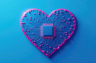 Fototapete - Abstract digital illustration of microchip board on heart shape on blue background. Conceptual St. Valentine's greeting card