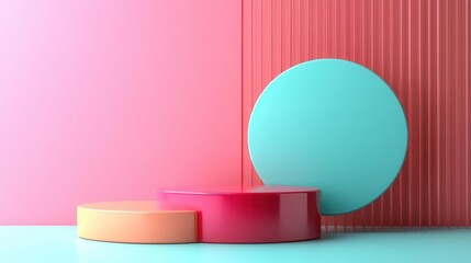Poster - A vibrant arrangement of geometric shapes in pastel hues against a textured backdrop, creating an engaging visual contrast.