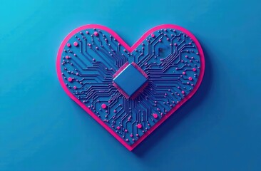Fototapete - Abstract digital illustration of microchip board on heart shape on blue background. Conceptual St. Valentine's greeting card