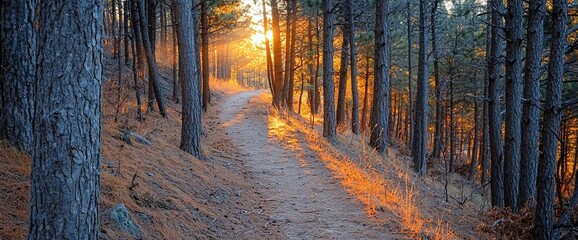 Wall Mural - Sunlit path through a pine forest at sunset.