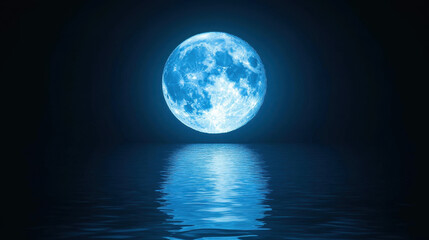 Wall Mural - Blue Moon Reflection: A mesmerizing full moon, bathed in an ethereal blue hue, casts its enchanting glow upon a calm body of water, creating a breathtaking mirror image.  