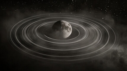 Wall Mural - Celestial Rings: A solitary moon, bathed in the ethereal glow of a distant star, sits nestled within a mesmerizing system of swirling rings, a captivating image of cosmic wonder and celestial beauty.