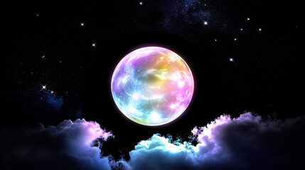 Wall Mural - Pastel Moonlit Sky: A vibrant, pastel-colored full moon illuminates a night sky, partially veiled by soft, iridescent clouds, creating a dreamy, ethereal atmosphere. 
