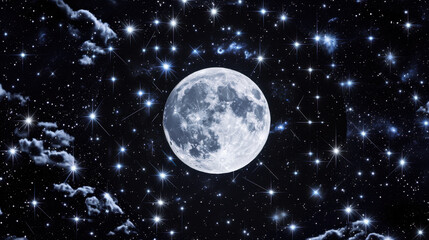 Wall Mural - Celestial Serenity: Full moon shining brilliantly amidst a breathtaking expanse of stars and wispy clouds, creating a magical and serene nightscape. 