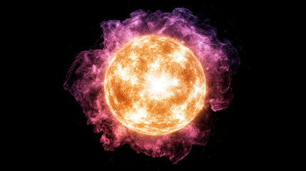 Wall Mural - Celestial Inferno: A vibrant, fiery sun blazes against a deep black backdrop, surrounded by swirling clouds of pink and purple cosmic dust. This mesmerizing image evokes feelings of power, energy.