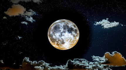Wall Mural - Full Moon Majesty: A majestic full moon illuminates the night sky, casting a soft glow on wispy clouds and a star-studded expanse.