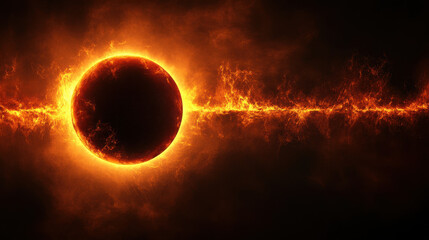 Wall Mural - Celestial Inferno: A fiery inferno engulfs the cosmos, a celestial body ablaze with incandescent energy. The fiery halo, a testament to the boundless power of the universe.