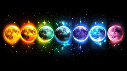 Wall Mural - Rainbow Moonscape: A vibrant and surreal cosmic artwork depicting seven moons in a spectrum of rainbow colors against a backdrop of sparkling stars and cosmic dust.
