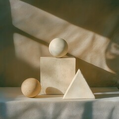 Poster - Geometric shapes displayed on table industrial lighting still life dramatic shadows low angle perspective