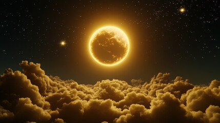 Wall Mural - Celestial Golden Hour: A breathtaking view of a massive, golden sun or moon rising above a sea of clouds, stars twinkling in the dark night sky. The scene evokes a sense of mystery and wonder.