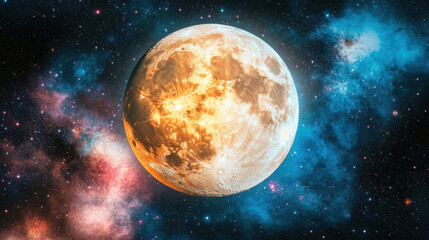 Wall Mural - Cosmic Majesty: A vibrant, surreal full moon dominates the frame, its surface awash in fiery oranges and yellows, set against a backdrop of swirling nebulae in shades of deep blue and rose. 